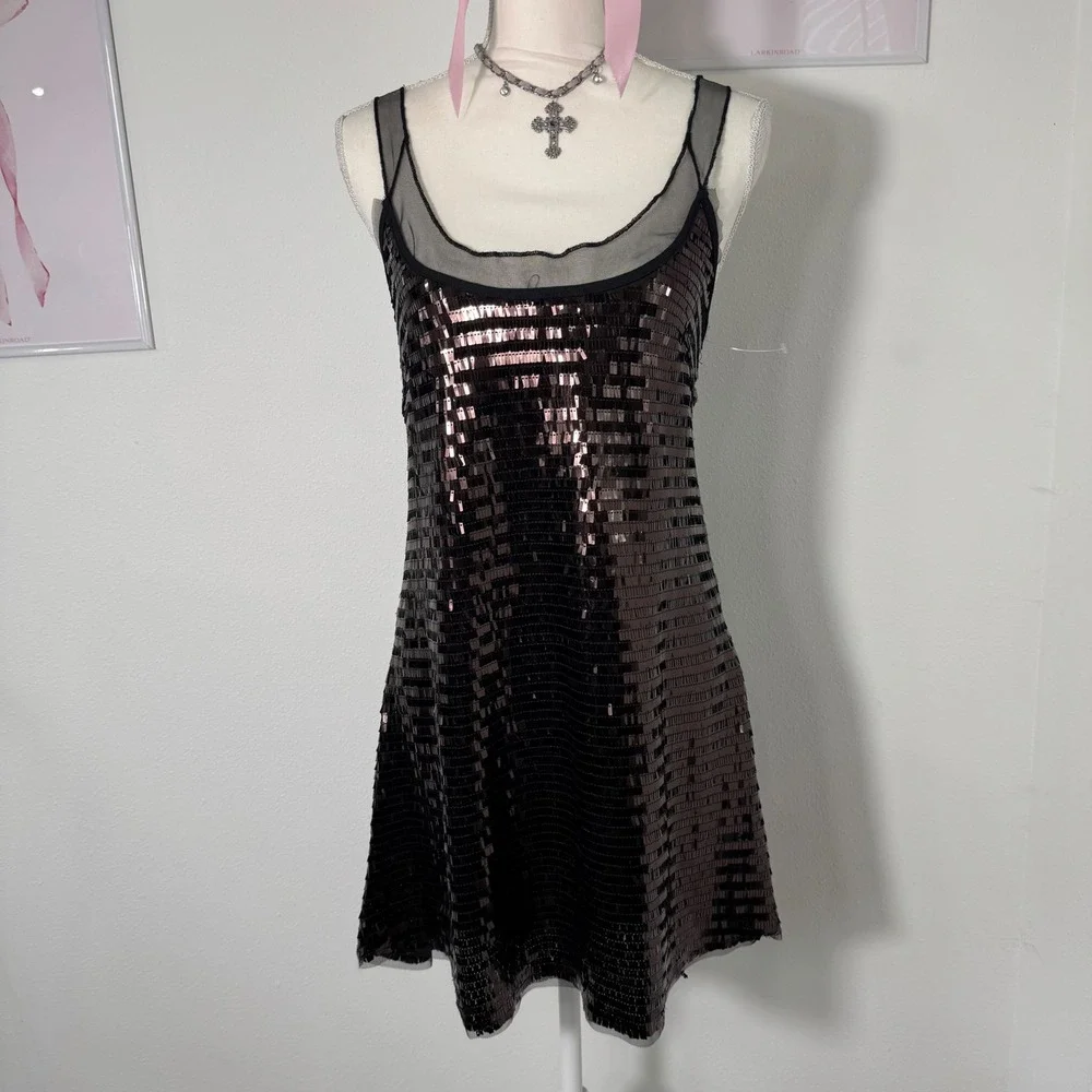 Free People NEW Disco Fever Sequin Mini Slip‎ Dress Black Combo Womens Medium